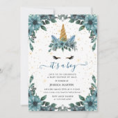 青いフローラ眠いユニコーン仮想ベビーシャワー 招待状 (正面)