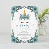 青いフローラ眠いユニコーン仮想ベビーシャワー 招待状 (スタンド正面)