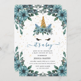 青いフローラ眠いユニコーン仮想ベビーシャワー 招待状