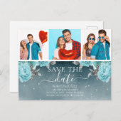 青いフローラ結婚の写真コラージュ日付を保存 案内ポストカード (正面/裏面)