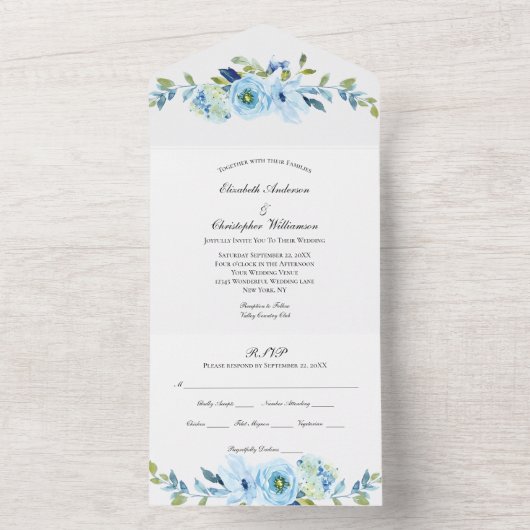 青いフローラ結婚の緑の招待状 オールインワン招待状 (内側)