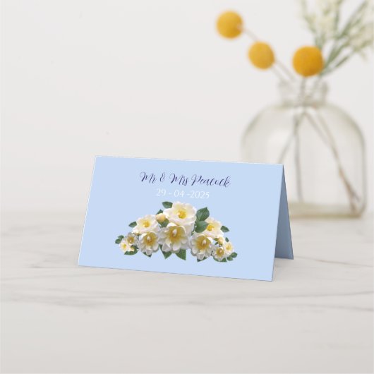 青いフローラ結婚テーマの表名カード プレイスカード (裏面)