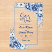 青いフローラ結婚式の日付の保存 アクリル招待状 (正面)