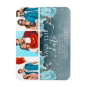 青いフローラ結婚式の日付を保存フォトコラージュ マグネット (縦)