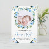 青いフローラ誕生のお知らせサンキューカード 招待状 (スタンド正面)