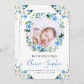 青いフローラ誕生のお知らせサンキューカード 招待状 (正面/裏面)