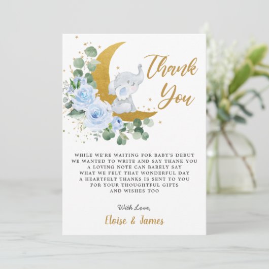 青いフローラ象の月の赤ちゃんシャワー サンキューカード (スタンド正面)
