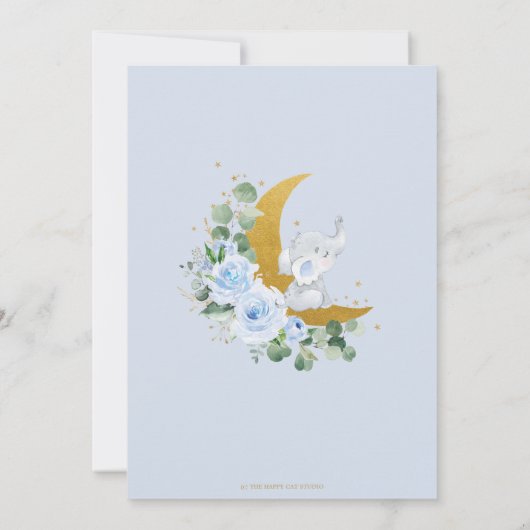 青いフローラ象の月の赤ちゃんシャワー サンキューカード (裏面)