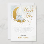 青いフローラ象の月の赤ちゃんシャワー サンキューカード (正面)