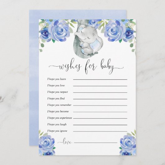 青いフローラ象男の赤ちゃんの願い 招待状 (正面/裏面)