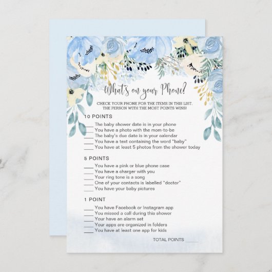 青いフローラ赤ちゃんシャワーあなたの電話ゲームに何が エンクロージャーカード (正面/裏面)