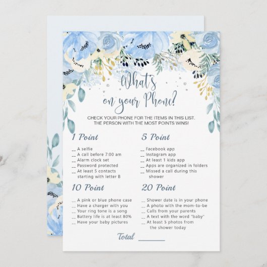 青いフローラ赤ちゃんシャワーあなたの電話ゲームに何が 招待状 (正面/裏面)