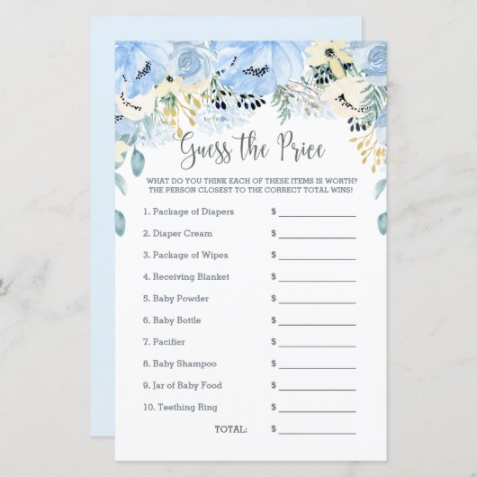 青いフローラ赤ちゃんシャワーのゲーム価格を推測 (正面/裏面)