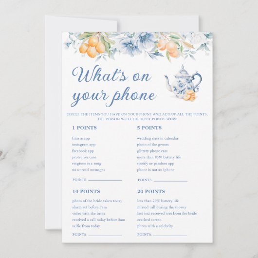 青いフローラ電話のブライダルゲームカードの内容 招待状 (正面)