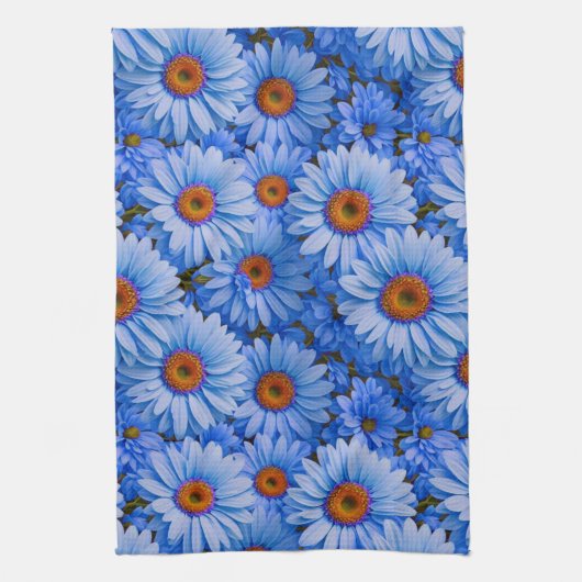青いフローラ青ひまわり青いデイジーパターン キッチンタオル (縦)