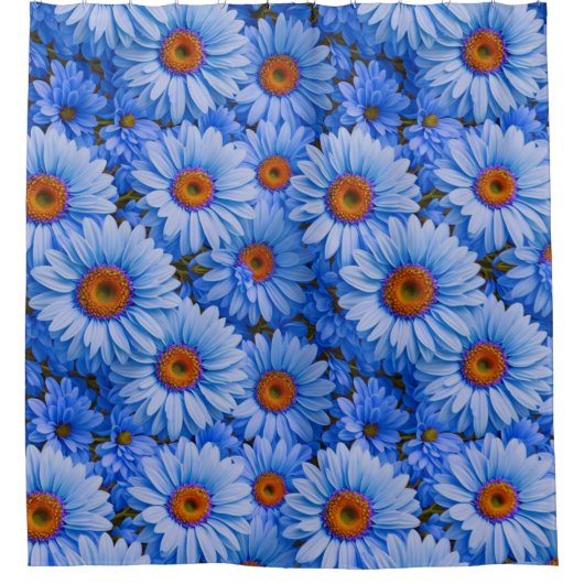 青いフローラ青ひまわり青いデイジーパターン シャワーカーテン (正面)