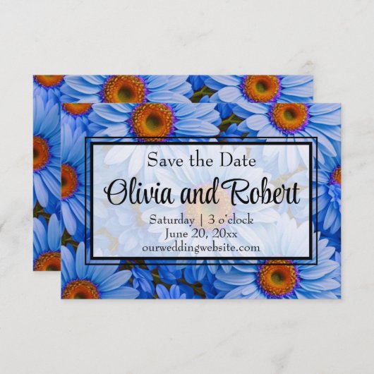 青いフローラ青ひまわり青いデイジーパターン セーブザデート (正面/裏面)