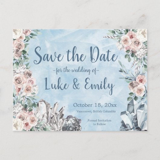 青いフローラ&クリスタルウェディング日付を保存 ポストカード (正面)