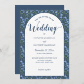 青いフローラ、デルフィニウムの花アーチ形結婚状の 招待状 (正面/裏面)