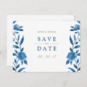 青いフローラChinoiserie結婚式の日付を保存 案内ポストカード (正面/裏面)