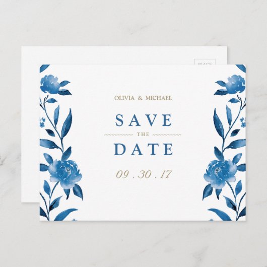 青いフローラChinoiserie結婚式の日付を保存 案内ポストカード (正面/裏面)