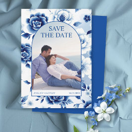 青いフローラChinoiserie、水彩洗浄写真 セーブザデート