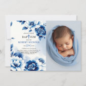 青いフローラChinoiserie、水色バプテスマ写真 招待状 (正面)
