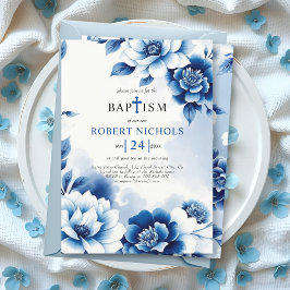 青いフローラChinoiserie、水色洗礼 招待状