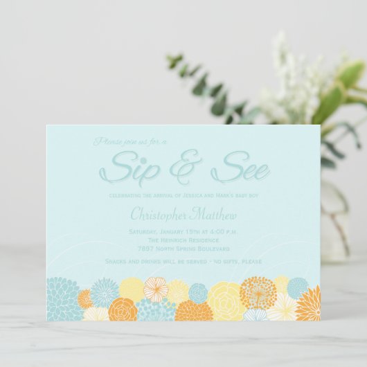 青いフローラsipとsee新生児パーティの招待状 招待状 (スタンド正面)