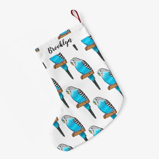 青いブデガーの鳥の漫画イラストレーション スモールクリスマスストッキング (裏面 (吊り時))