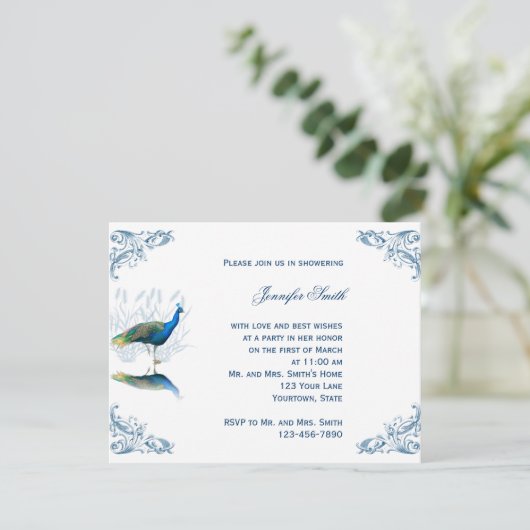 青いブライダルシャワーの招待状の孔雀の庭 招待状 (スタンド正面)