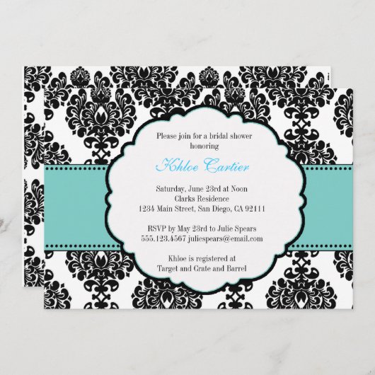 青いブライダルシャワー招待状のダマスク織 招待状 (正面/裏面)
