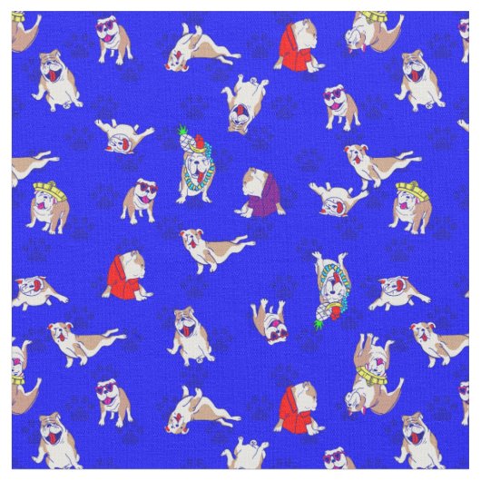 青いブルドッグおもしろいの犬の足のお洒落足跡 ファブリック (クローズアップ)