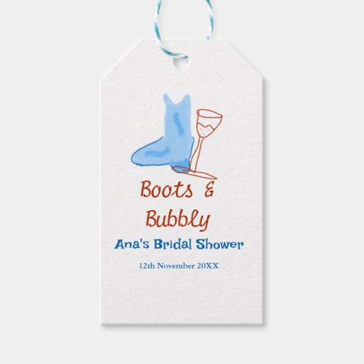 青いブーツとバブルなシャンパンボトル ブライダルシャワー ギフトタグ (正面)