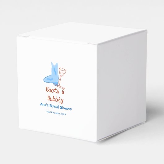 青いブーツとバブルなシャンパンボトル ブライダルシャワー フェイバーボックス (正面サイド)