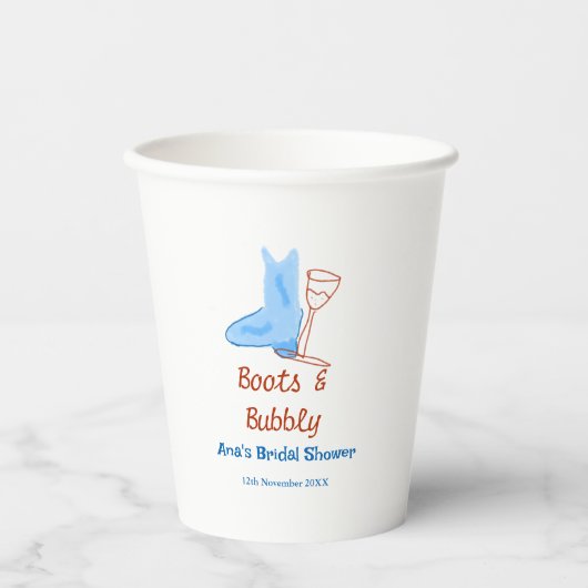 青いブーツとバブルなシャンパンボトル ブライダルシャワー 紙コップ (正面)