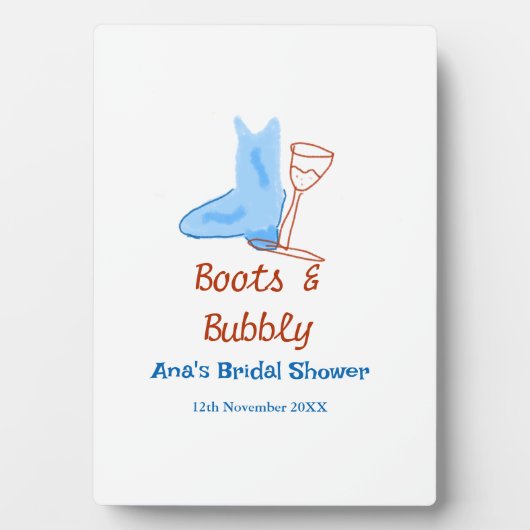 青いブーツとバブルチューンワインボトル ブライダルシャワー フォトプラーク (正面)