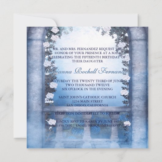 青いプリンセスキャリッジによって魅了されるキンセアニェラ 招待状 (裏面)