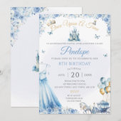 青いプリンセスドレスの誕生日パーティーの招待状 招待状 (正面/裏面)