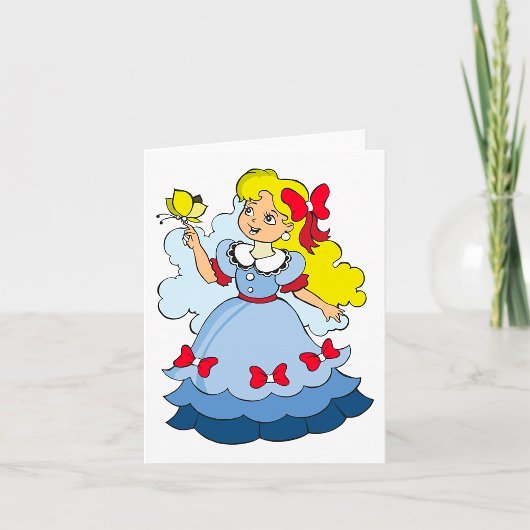 青いプリンセスドレスを着た金髪の少女と蝶 カード