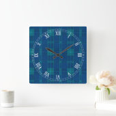 青いプレイド正方形ローマ数字時計 スクエア壁時計 (ホーム)