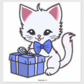 青いプレゼントを持ったかわいい白い子猫 シール (シート)