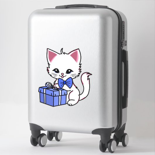 青いプレゼントを持ったかわいい白い子猫 シール (スーツケース)