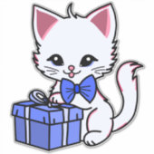 青いプレゼントを持ったかわいい白い子猫 シール (正面)