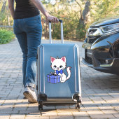 青いプレゼントを持ったかわいい白い子猫 シール (スーツケースインサイチュ)