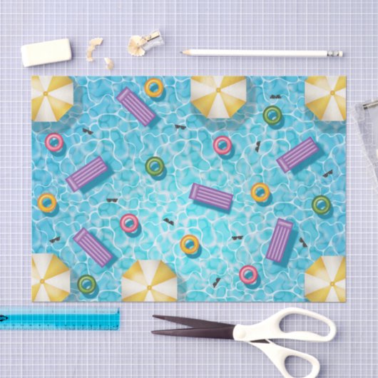 青いプールとカラフルなプールフロート 薄葉紙 (クラフト)