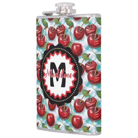 青いプ市松模様にライドさくらんぼパタパーソナライズされたーン フラスク (左)