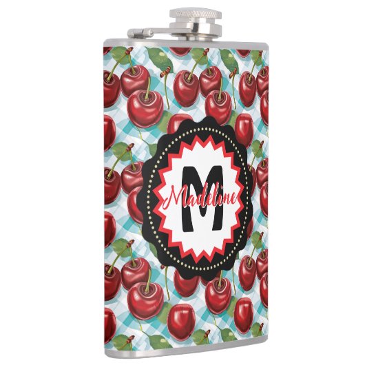 青いプ市松模様にライドさくらんぼパタパーソナライズされたーン フラスク (右)