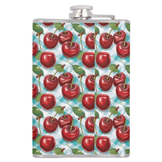 青いプ市松模様にライドさくらんぼパタパーソナライズされたーン フラスク (裏面)