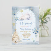 青いベビーが醸造お茶パーティー冬の赤ちゃんシャワー 招待状 (スタンド正面)